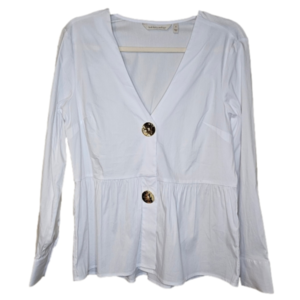 SOFT Surroundings V-neck Peplum style top with oversized buttons Size Small